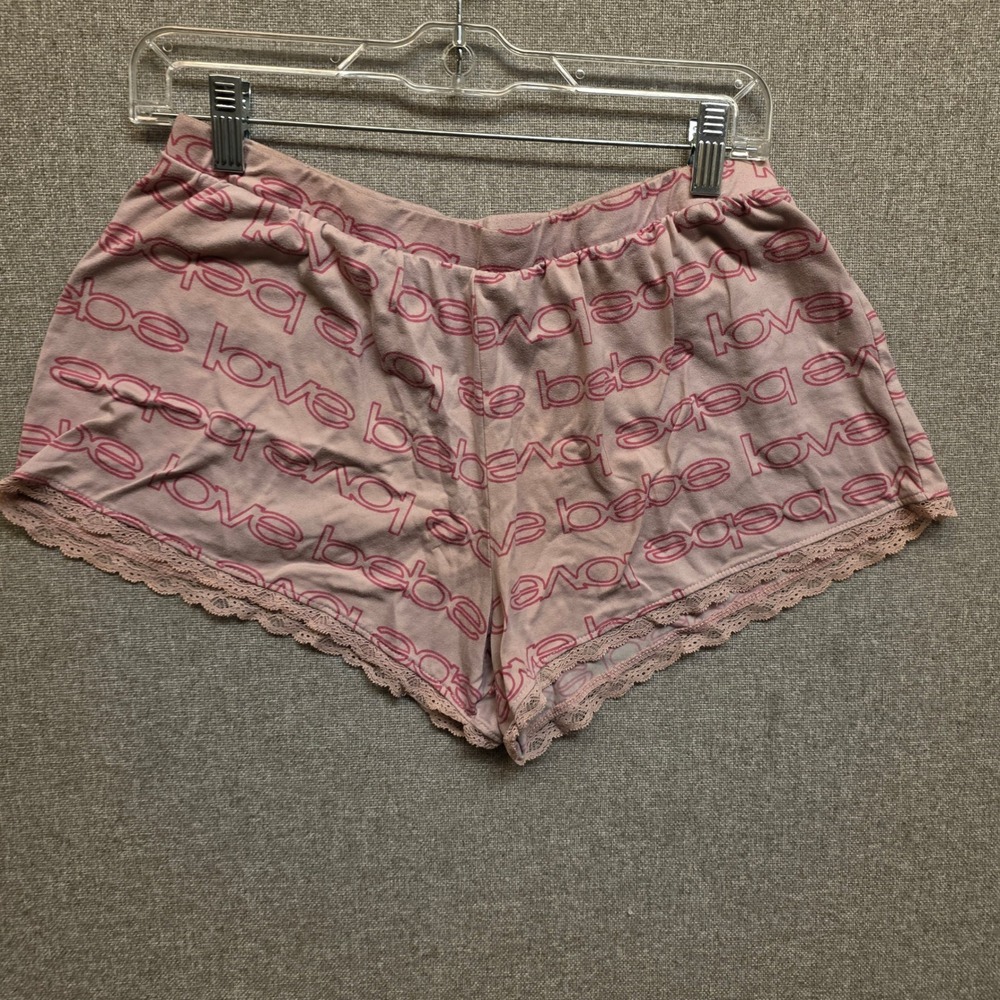 Bebe Sleepwear Pink Love Logo Lace Trim Cozy Pajama Shorts Large Y2K Old Money